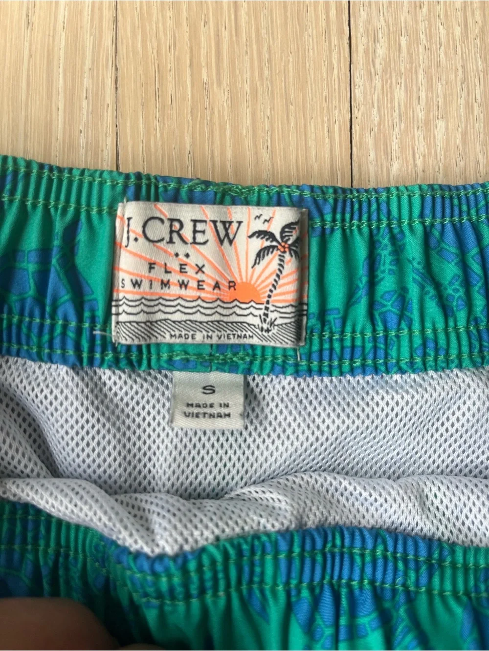 J. Crew Blue & Green Turtle-Print Swim Trunks
